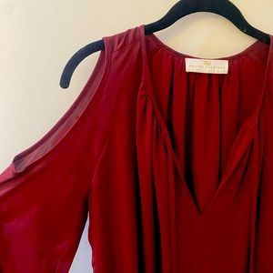 Cold-shoulder maroon Amanda Uprichard swingy silk dress with sleeves